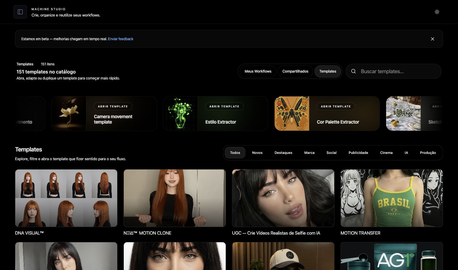 Interface do Machine Studio com catálogo de workflows e templates